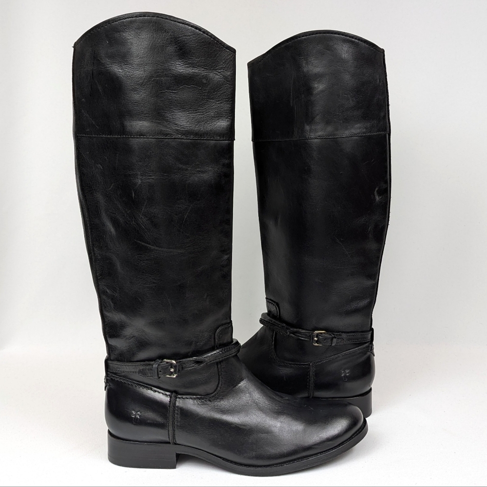 Frye Melissa Seam Tall Riding Boots Leather Pull On Ankle Strap Preppy Black 7.5
